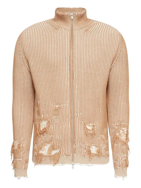 ribbed distressed zip-up cardigan