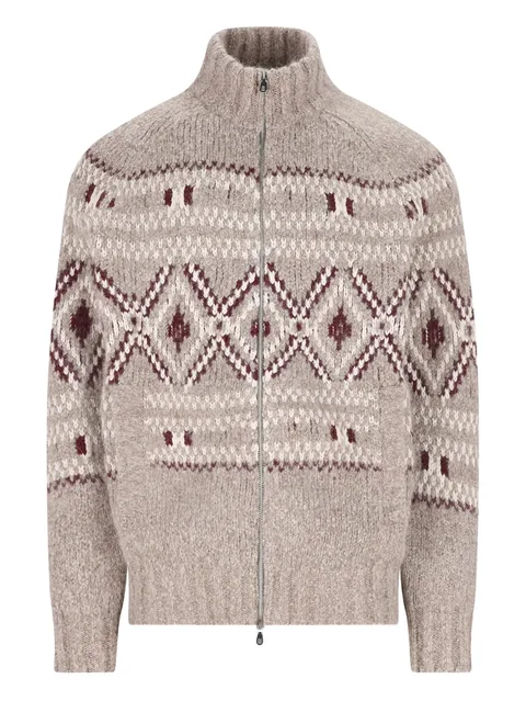 high-neck patterned cardigan