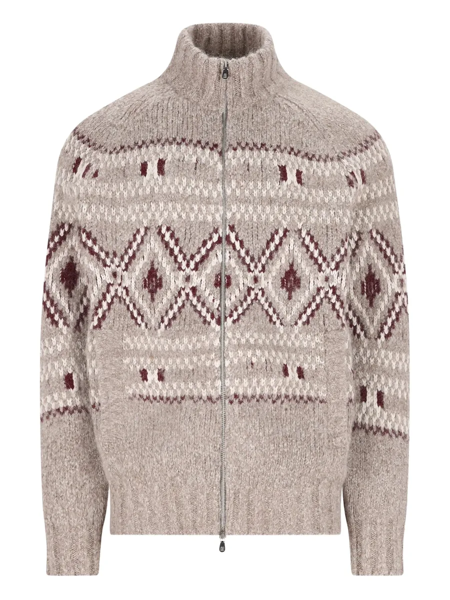 high-neck patterned cardigan 1