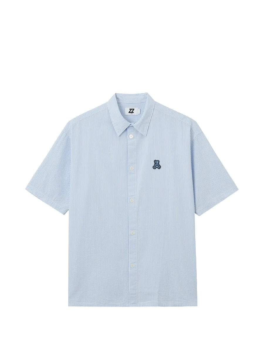striped-pattern logo-appliqué shirt 1