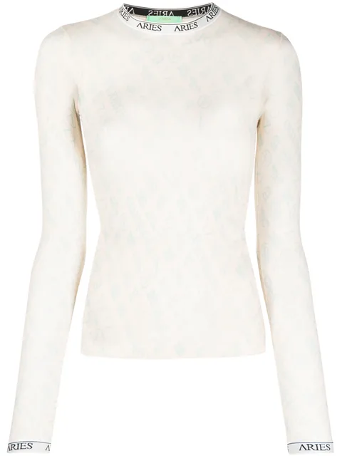 monogram long-sleeved tulle top