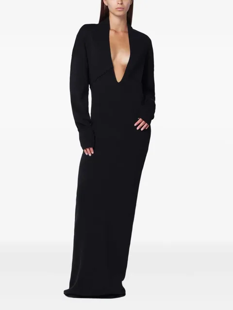 plunging-neckline long-sleeve maxi dress