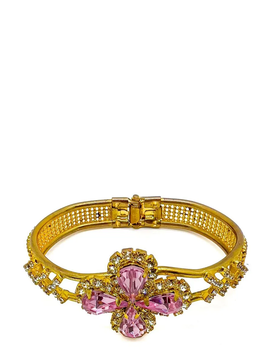 Vintage Victorian Inspired Pink Teardrop Crystal Cuff 1960s 4