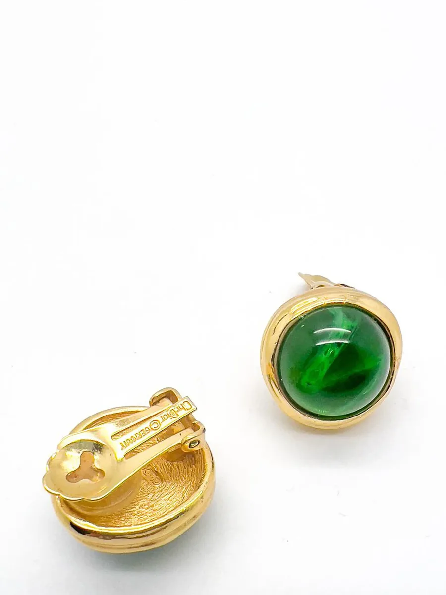 Vintage Christian Dior Flawed Emerald Glass Cabochon Earrings 1980s 9