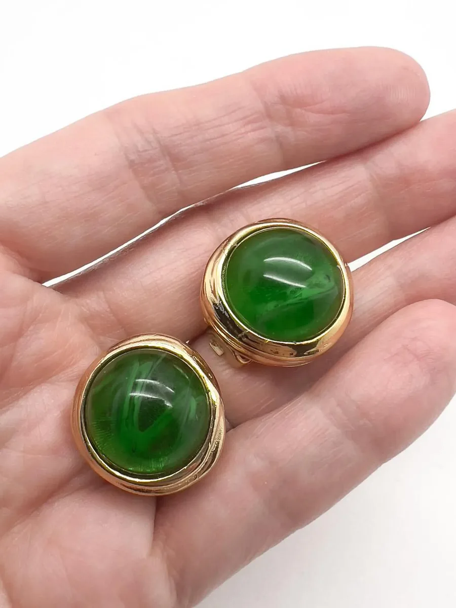 Vintage Christian Dior Flawed Emerald Glass Cabochon Earrings 1980s 12