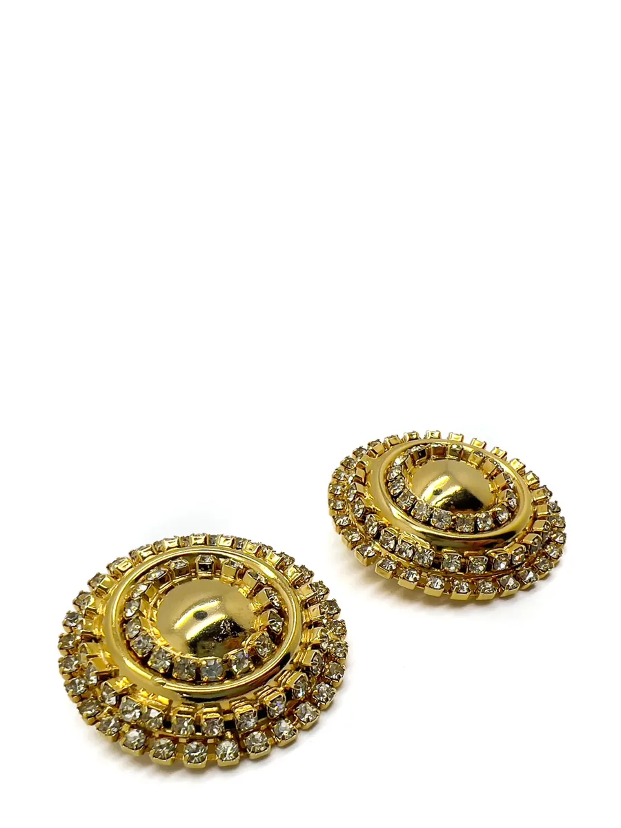 Vintage Gold &amp; Crystal Statement Bullseye Earrings 1980s 3