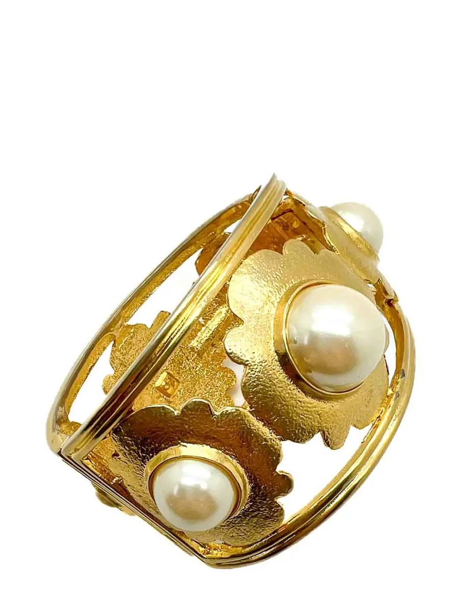 Vintage Broad Pearl Floral Motif Cuff 1980s 5