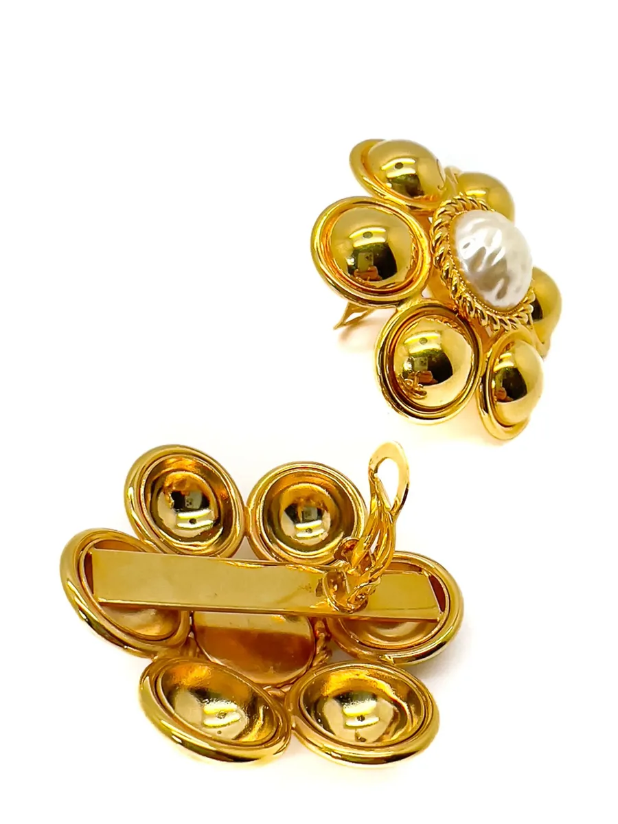 Vintage Statement Gold &amp; Pearl Flower Earrings 1960s 4