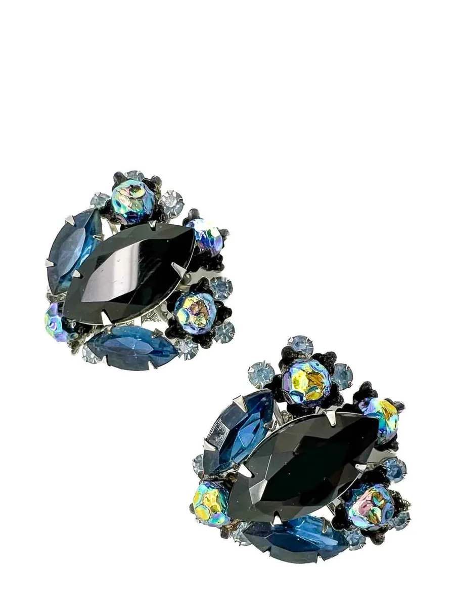 Vintage Judy Lea Black &amp; Navy Navette Earrings 1950s 7