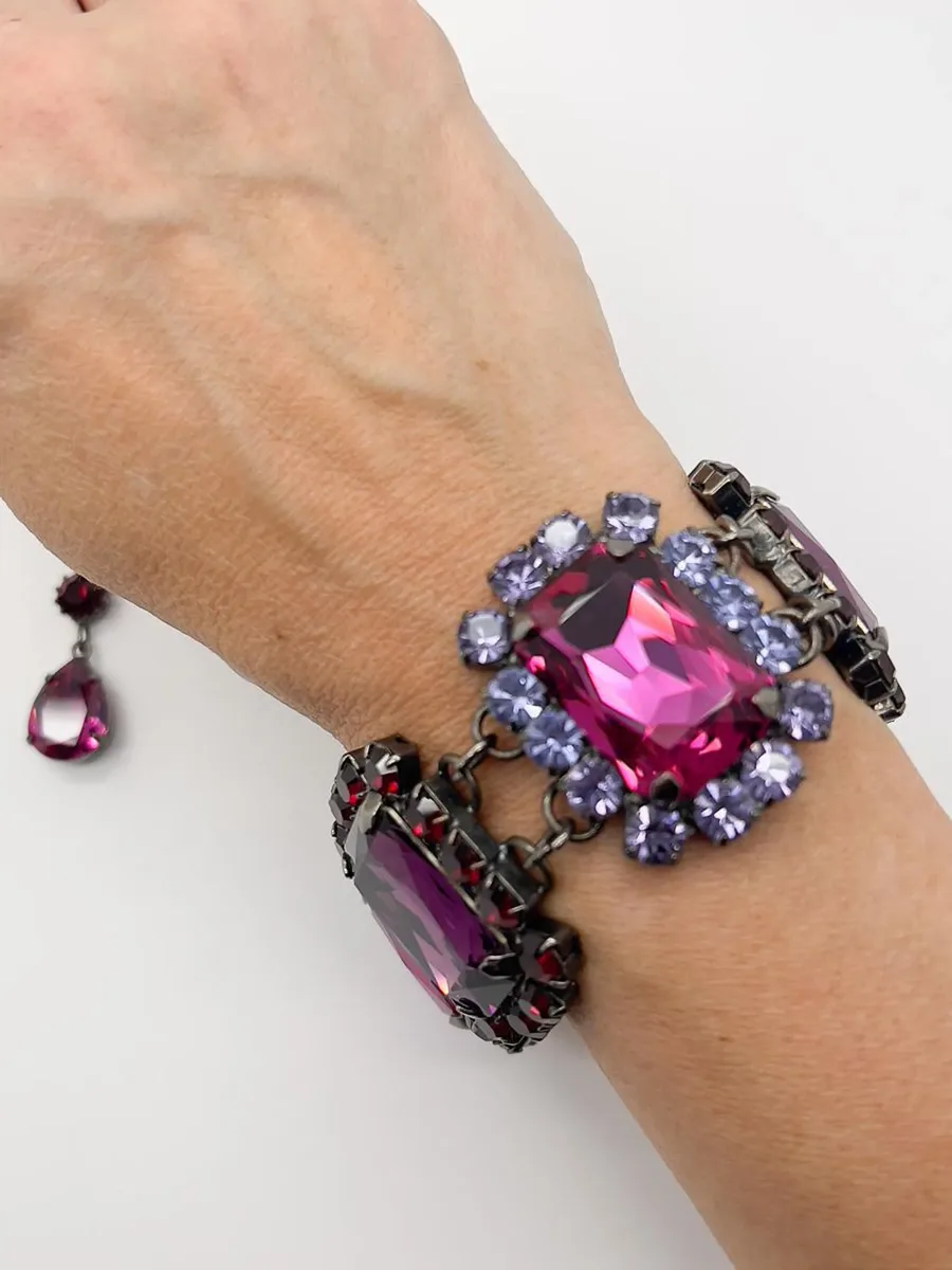 Vintage Hot Pink &amp; Amethyst Crystal Bracelet &amp; Drop Earrings 1980s 10