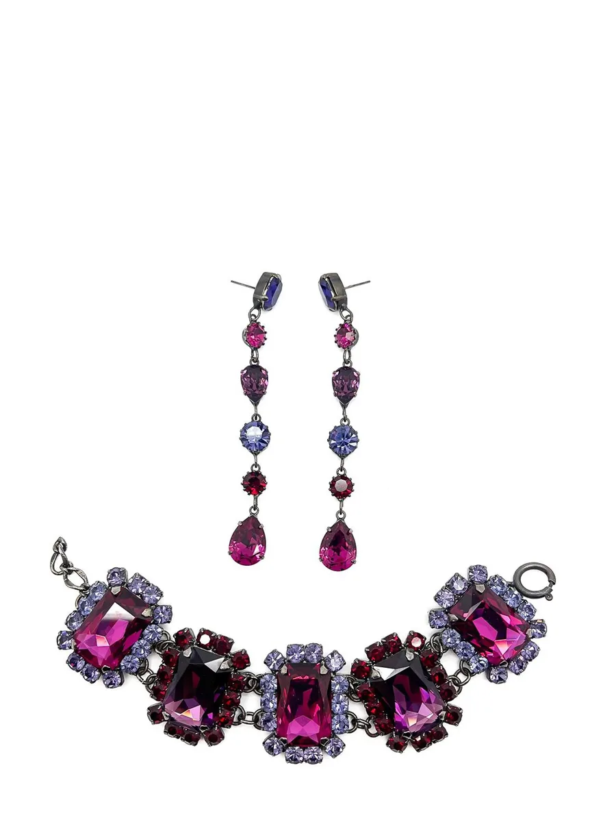 Vintage Hot Pink &amp; Amethyst Crystal Bracelet &amp; Drop Earrings 1980s 1