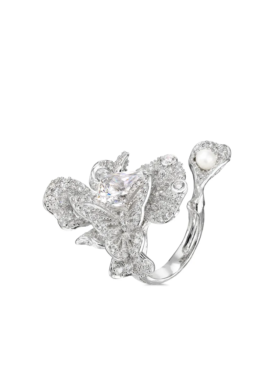 кольцо Diamond Peony Butterfly из белого золота с бриллиантами и жемчугом 3