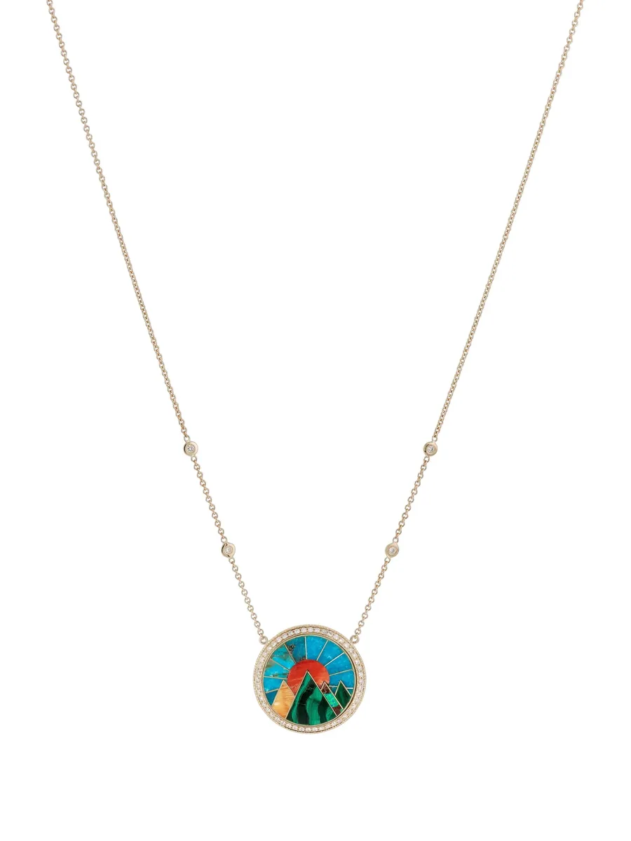 14CT yellow gold small Mountain Scenic Inlay diamond necklace 1