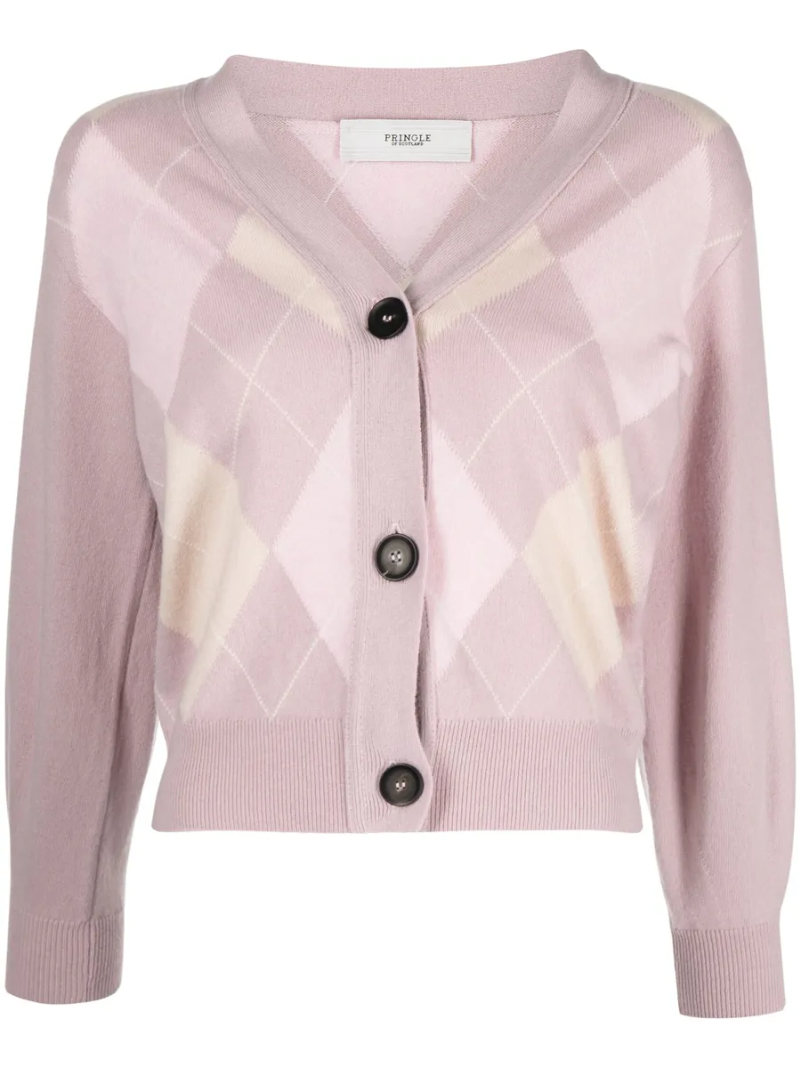 argyle-check fine-knit cardigan 1