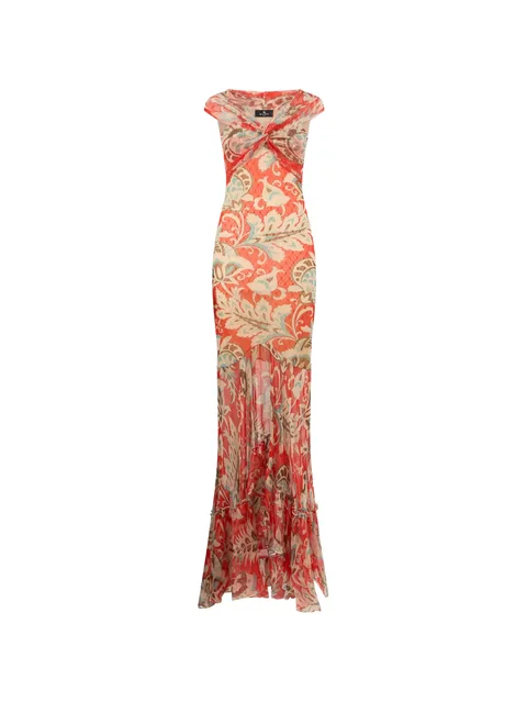 long tulle dress with open shoulders and floral motif