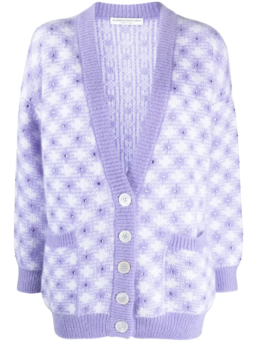 vichy-intarsia crystal-embellished cardigan 1