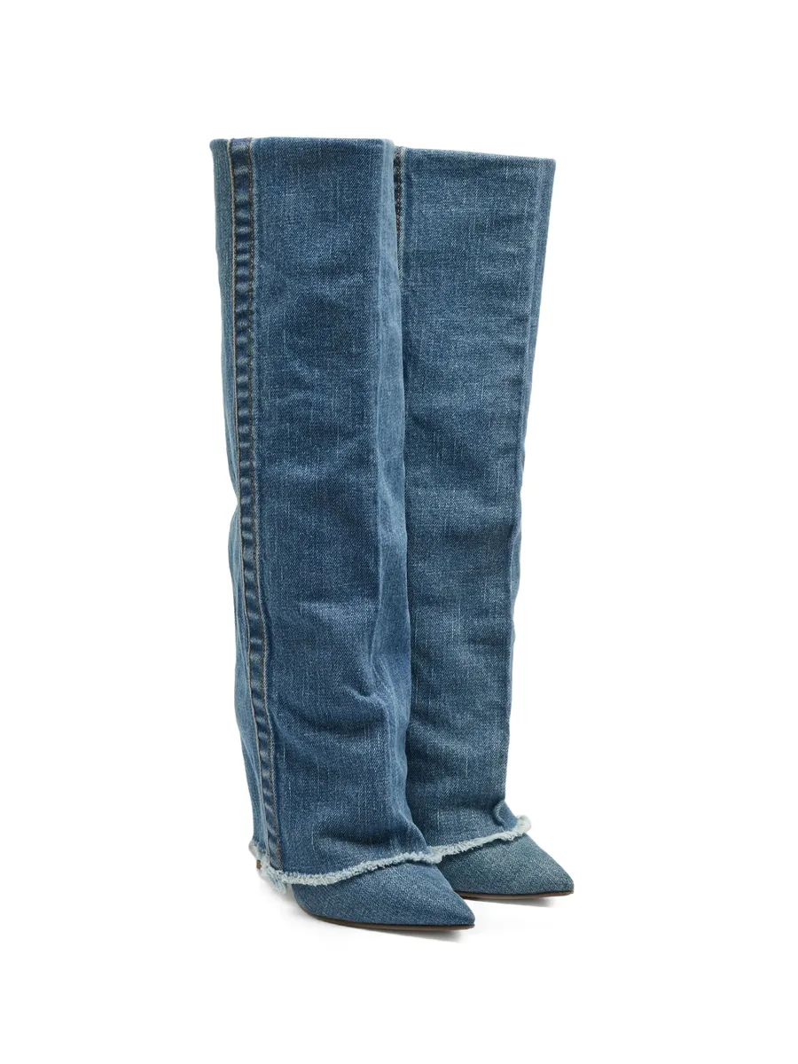 pointed-toe denim mid-calf boots 3