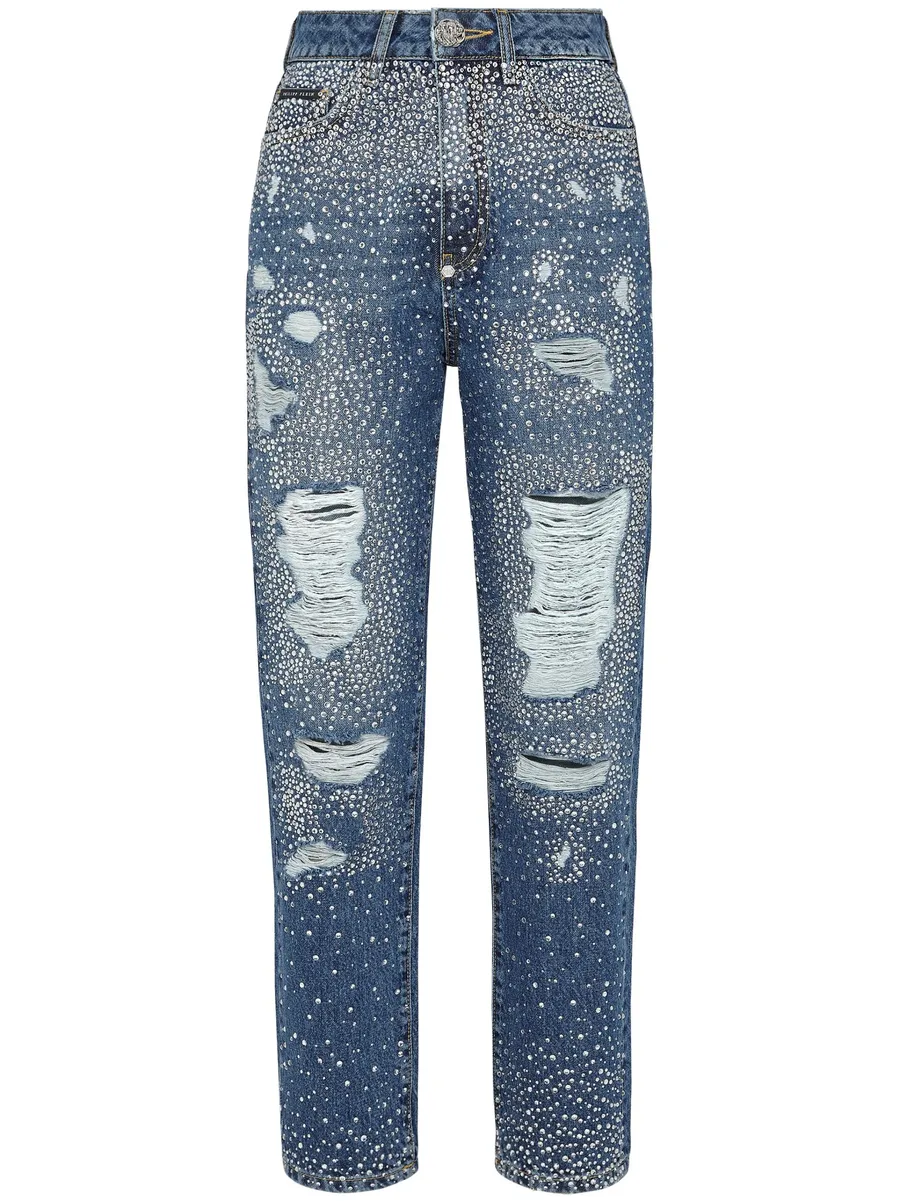 crystal-embellished distressed-denim trousers 1