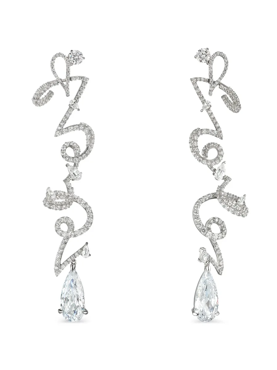 14K white gold and rhodium vermeil Script diamond earrings 1