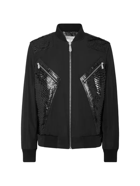 python-leather-panelled bomber jacket