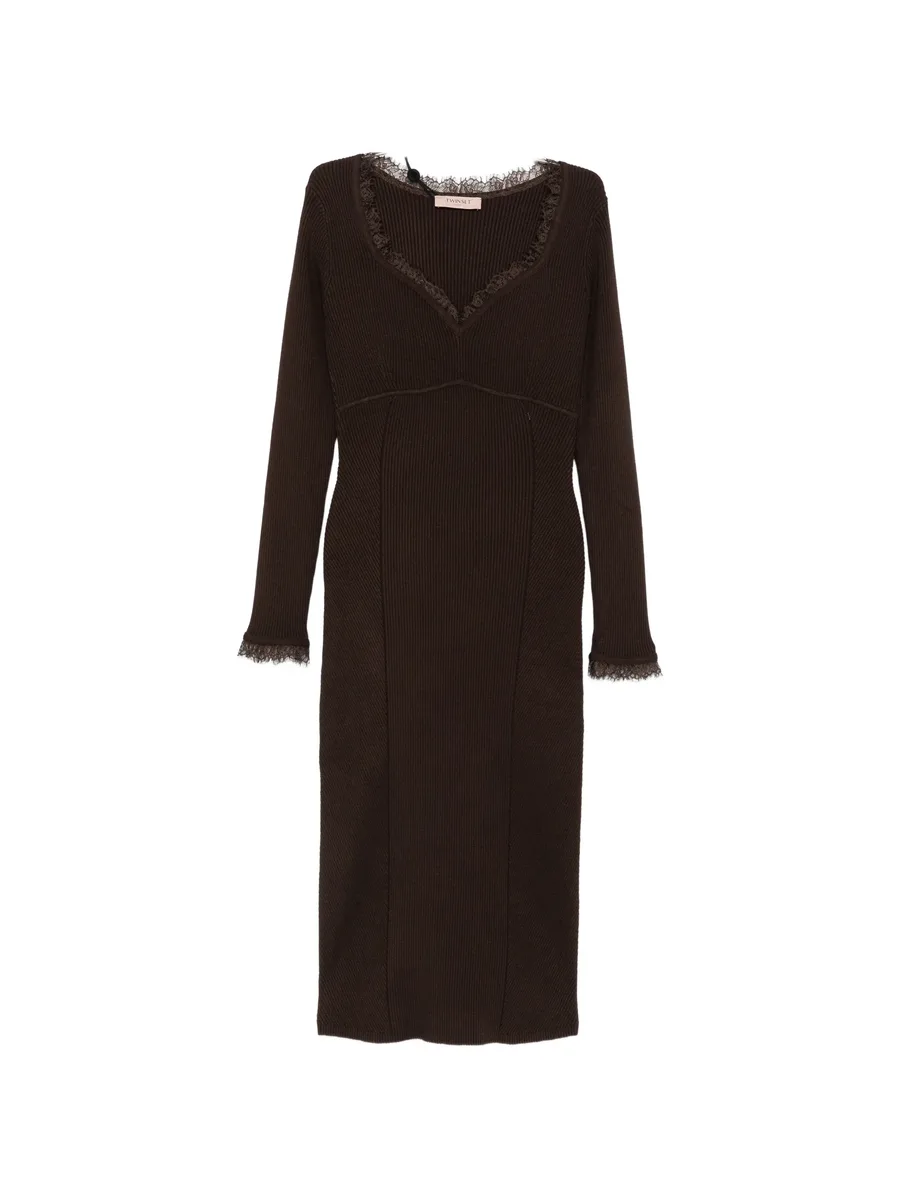 lace-trim ribbed-knit midi dress 1