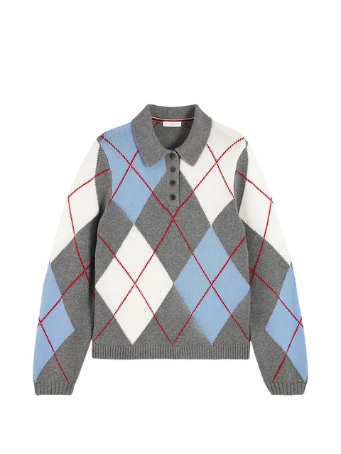 argyle-knit polo-collar sweater