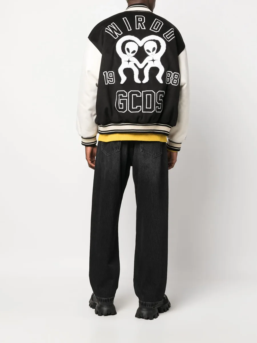 two-tone logo-patch bomber jacket 4