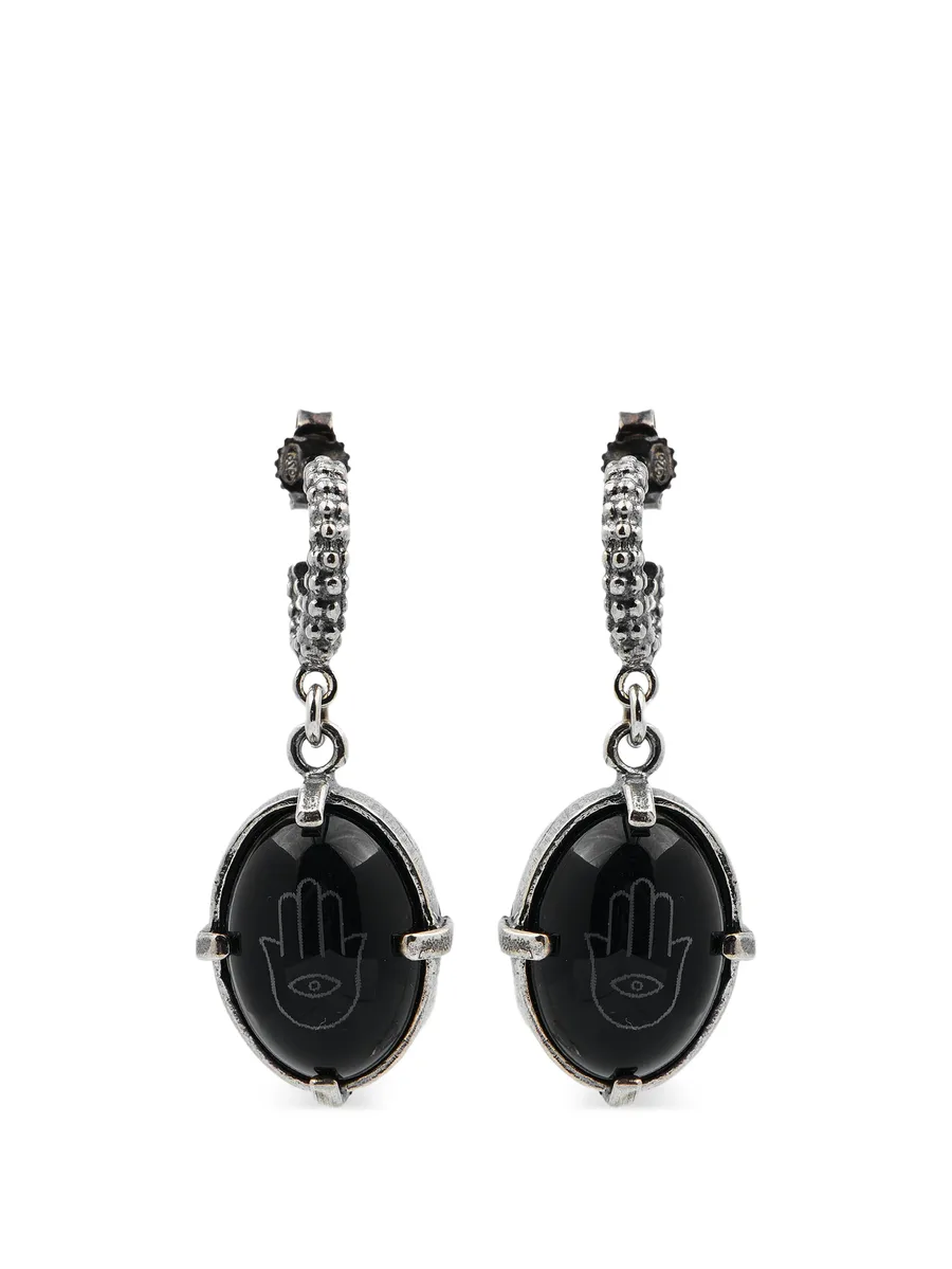 серьги-подвески с ониксом и гравировкой Hamsa 1