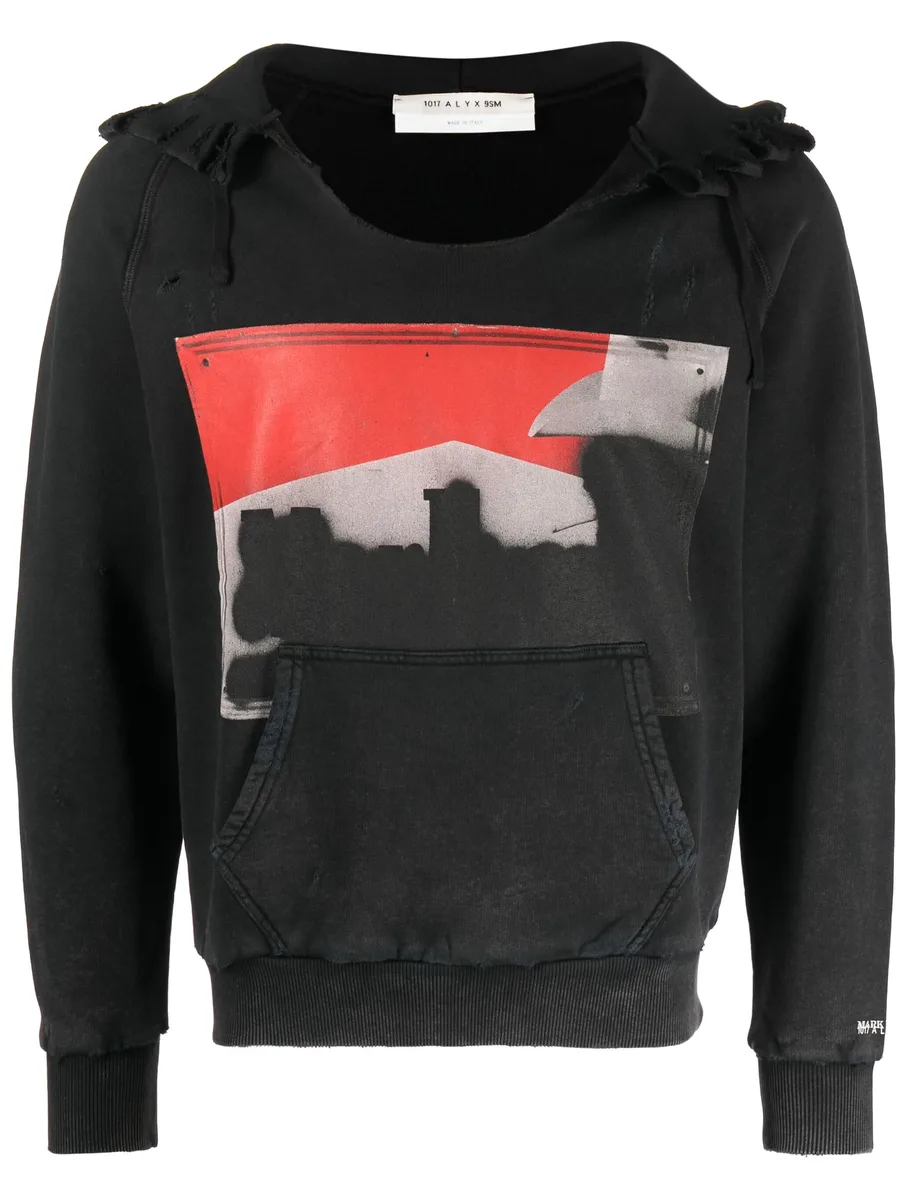 illustration-print distressed hoodie 1