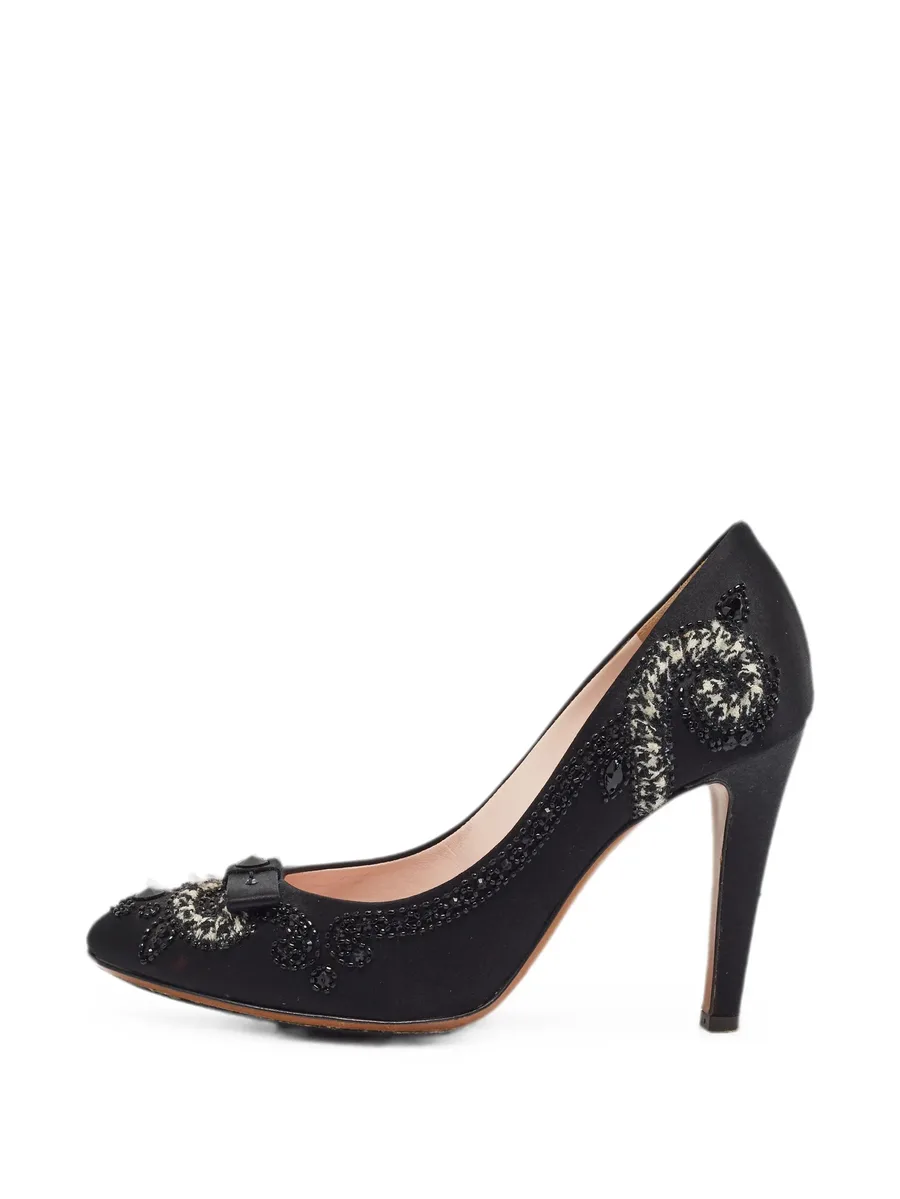 Embellished satin heeled pumps 1