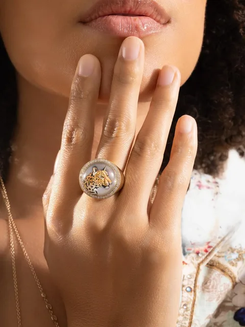 mother of pearl and diamond leopard ring