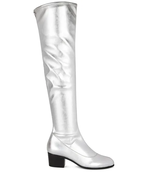 metallic-silver knee-length boots