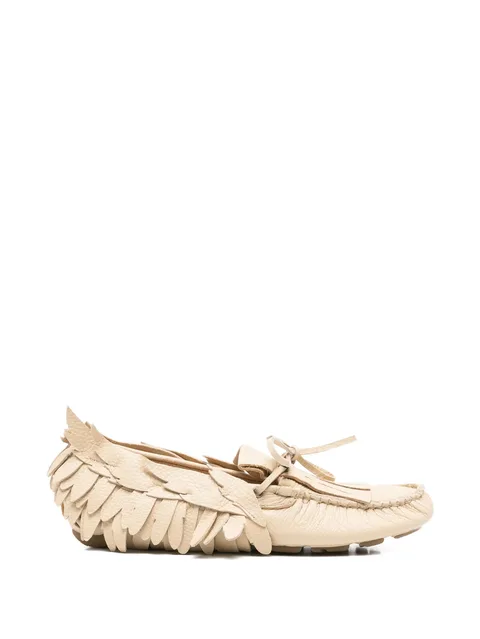 feather-embellished fringed shoes