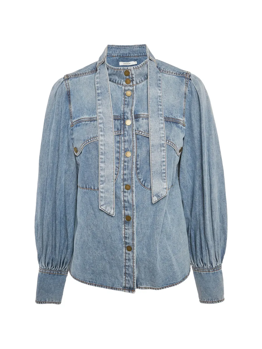neck tie-up denim blouse 1