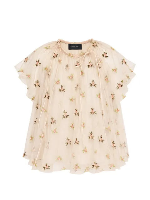 rosebud-embroidered gathered blouse