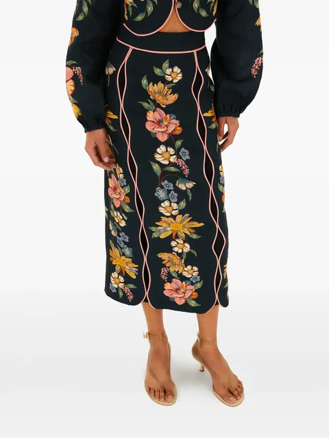 floral-embroidered midi skirt