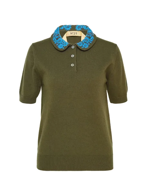 floral-embroidered collar polo shirt