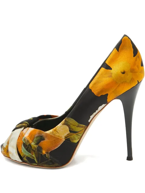 Pre-owned 115mm floral-print peep-toe pumps