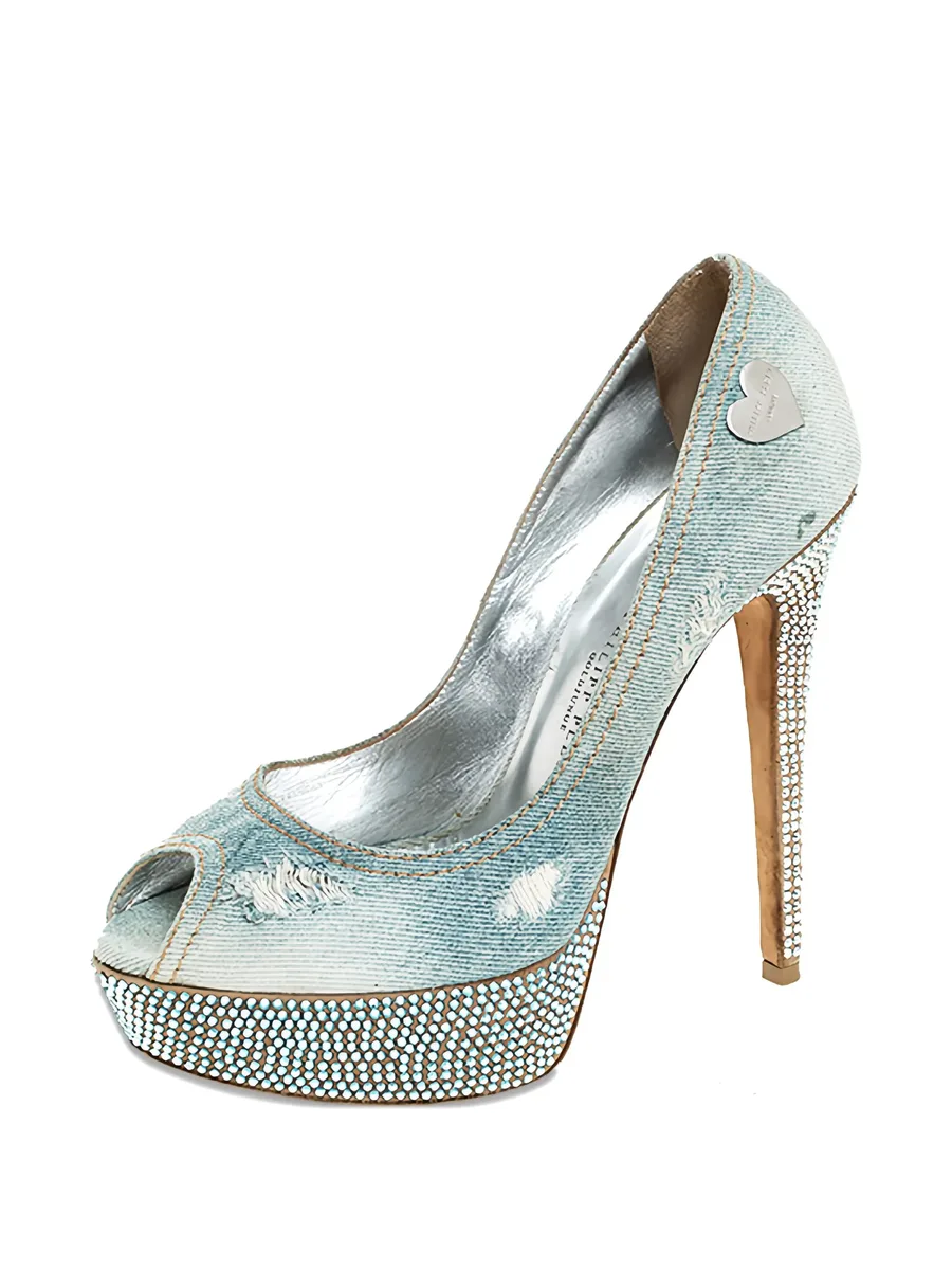 145mm denim crystal pumps 3