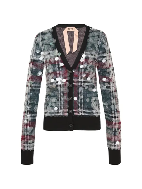 plaid sequin-embellished wool cardigan