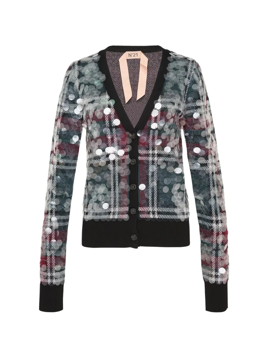 plaid sequin-embellished wool cardigan 1