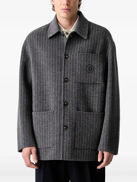 pinstripe-pattern logo-embroidered shirt jacket