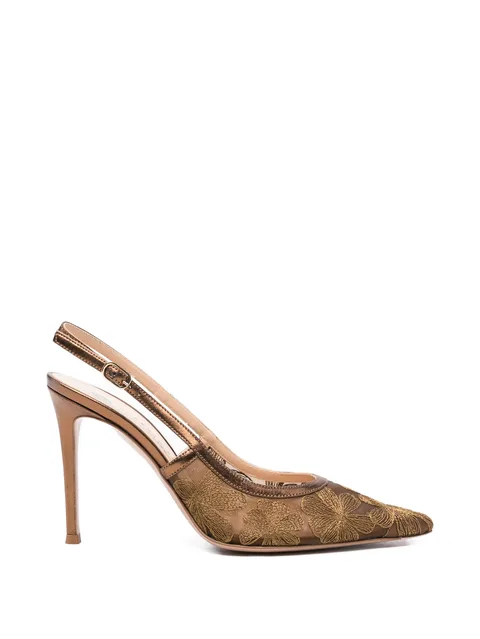 Zeus floral-embroidered mesh pumps