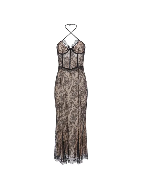maxi Chantilly lace-overlay halterneck dress