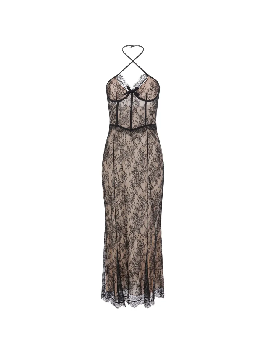 maxi Chantilly lace-overlay halterneck dress 1