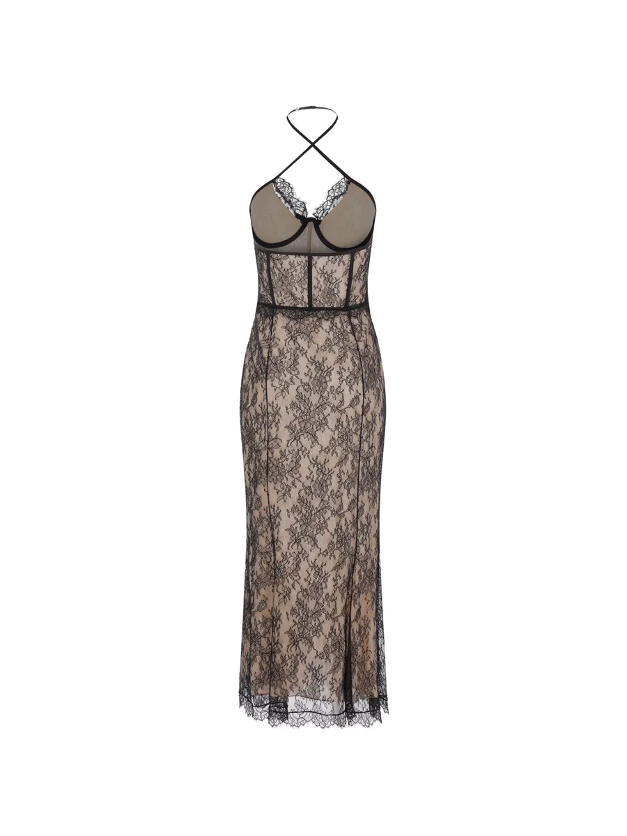 maxi Chantilly lace-overlay halterneck dress 2