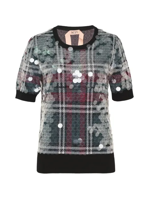 sequin-embellished plaid sweater