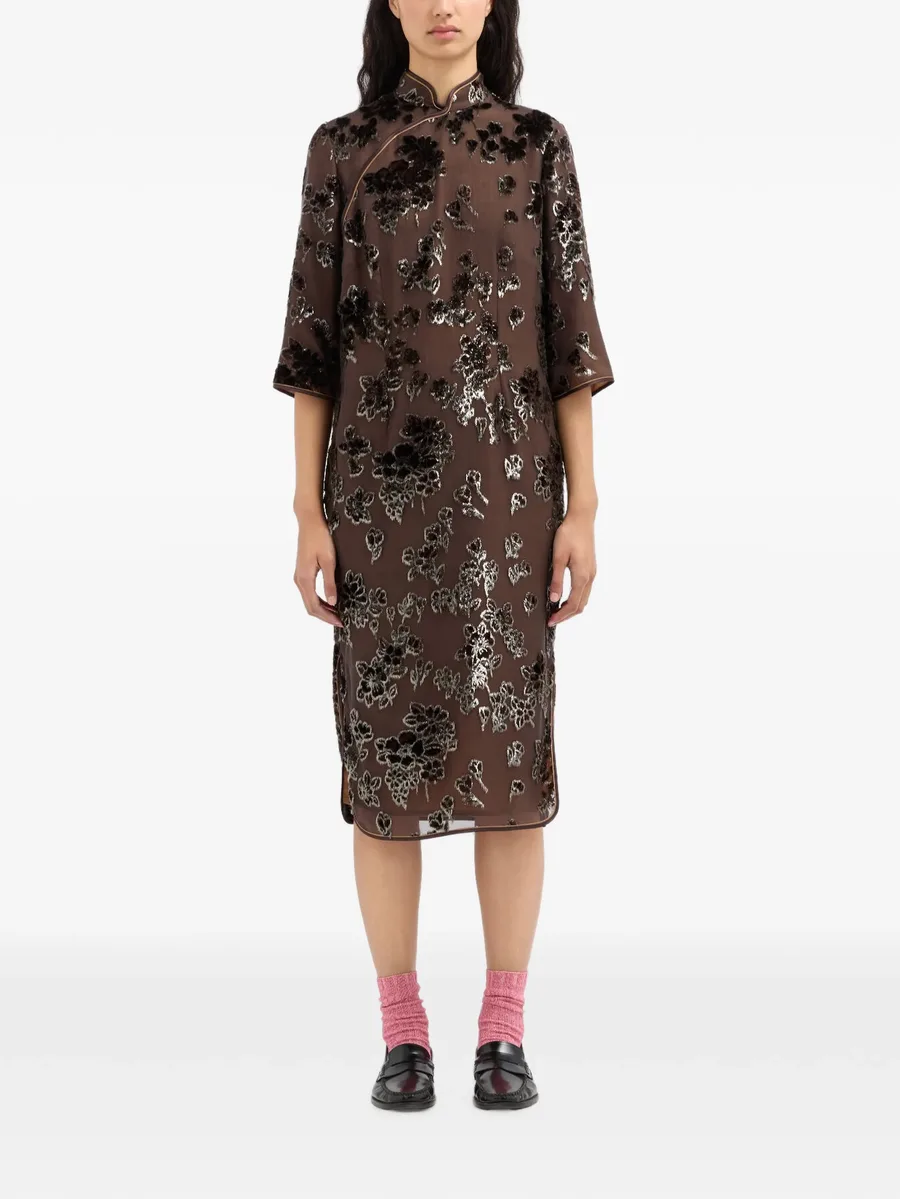 floral-velvet mandarin-collar dress 2