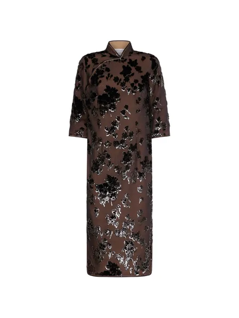 floral-velvet mandarin-collar dress