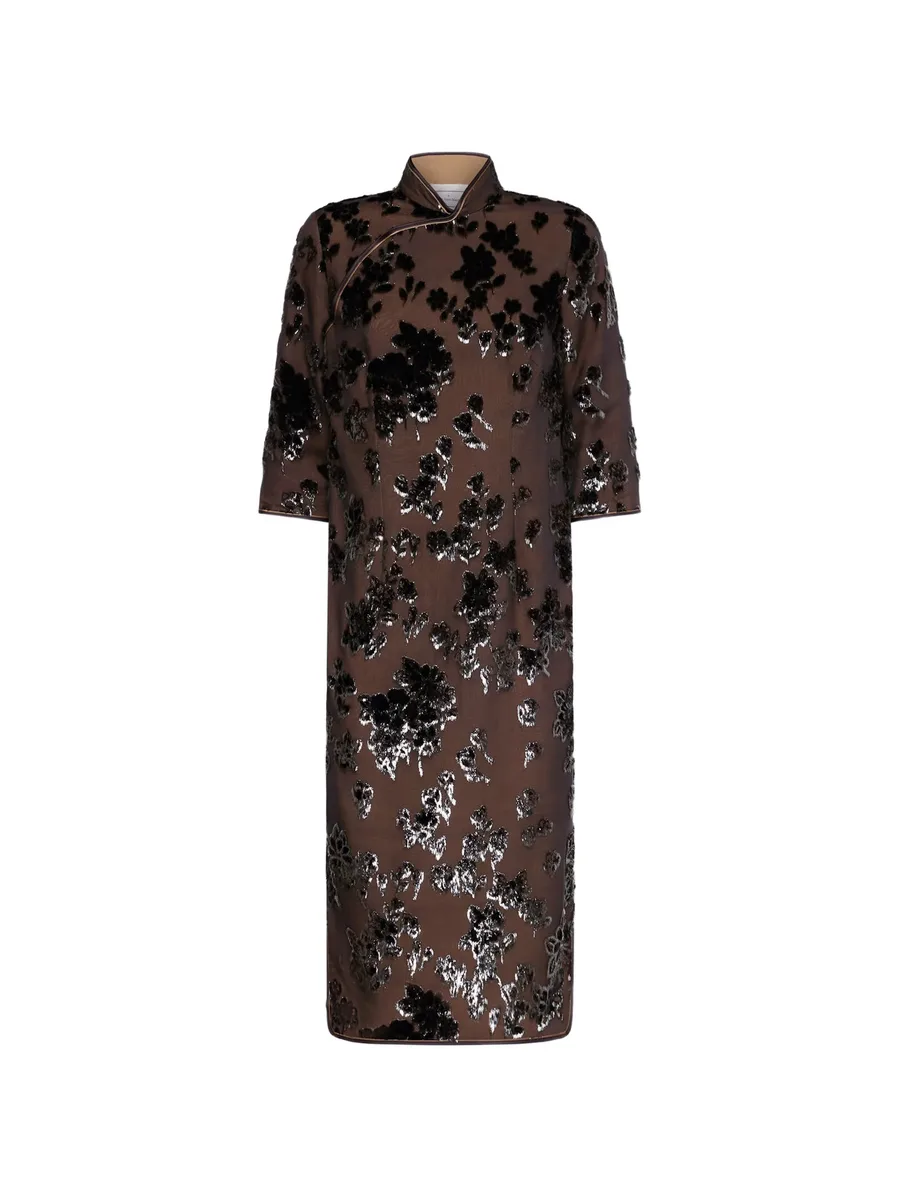 floral-velvet mandarin-collar dress 1